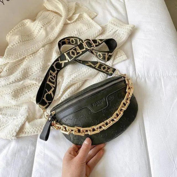 Retro Waist Bag PU Leather Fanny Pack Purse Leather with Gold Chain Strap Stylish Waist Pack Women Belt Bag Multifunctional Chest Bag
