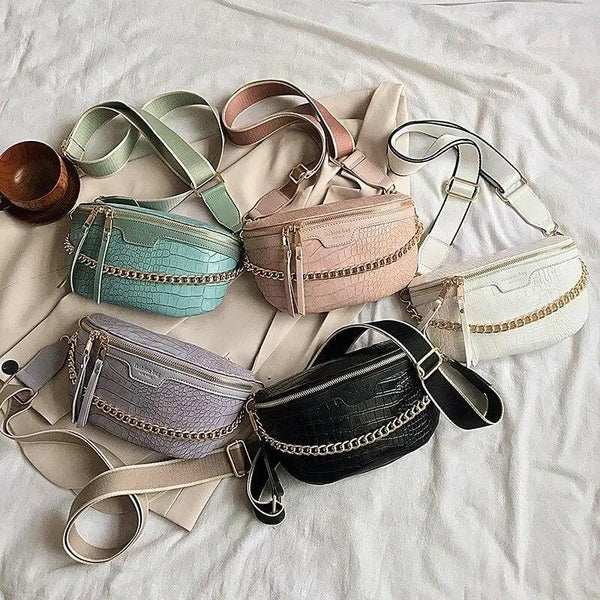 Retro Waist Bag PU Leather Fanny Pack Purse Leather with Gold Chain Strap Stylish Waist Pack Women Belt Bag Multifunctional Chest Bag