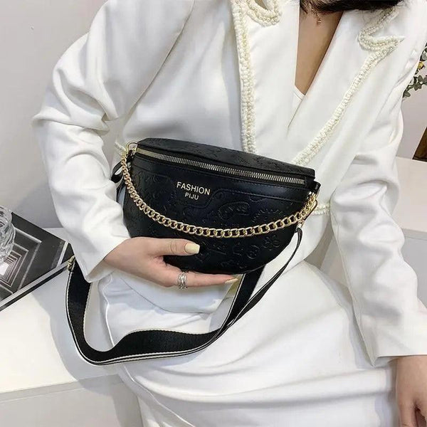 Retro Waist Bag PU Leather Fanny Pack Purse Leather with Gold Chain Strap Stylish Waist Pack Women Belt Bag Multifunctional Chest Bag