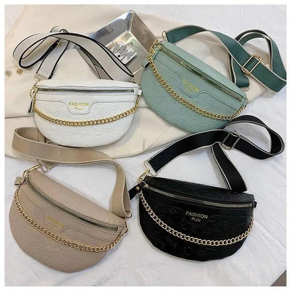 Retro Waist Bag PU Leather Fanny Pack Purse Leather with Gold Chain Strap Stylish Waist Pack Women Belt Bag Multifunctional Chest Bag