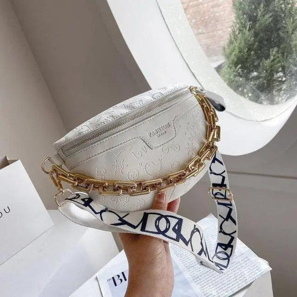 Retro Waist Bag PU Leather Fanny Pack Purse Leather with Gold Chain Strap Stylish Waist Pack Women Belt Bag Multifunctional Chest Bag