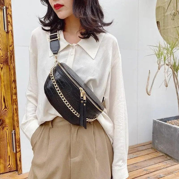 Retro Waist Bag PU Leather Fanny Pack Purse Leather with Gold Chain Strap Stylish Waist Pack Women Belt Bag Multifunctional Chest Bag