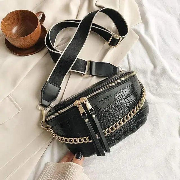 Retro Waist Bag PU Leather Fanny Pack Purse Leather with Gold Chain Strap Stylish Waist Pack Women Belt Bag Multifunctional Chest Bag