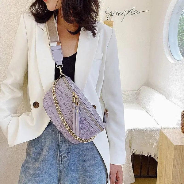 Retro Waist Bag PU Leather Fanny Pack Purse Leather with Gold Chain Strap Stylish Waist Pack Women Belt Bag Multifunctional Chest Bag