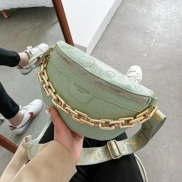 Retro Waist Bag PU Leather Fanny Pack Purse Leather with Gold Chain Strap Stylish Waist Pack Women Belt Bag Multifunctional Chest Bag