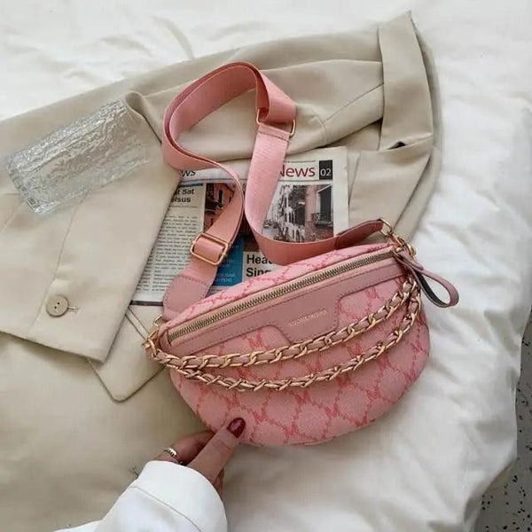 Retro Waist Bag PU Leather Fanny Pack Purse Leather with Gold Chain Strap Stylish Waist Pack Women Belt Bag Multifunctional Chest Bag