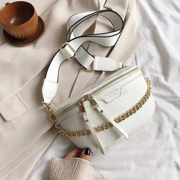 Retro Waist Bag PU Leather Fanny Pack Purse Leather with Gold Chain Strap Stylish Waist Pack Women Belt Bag Multifunctional Chest Bag