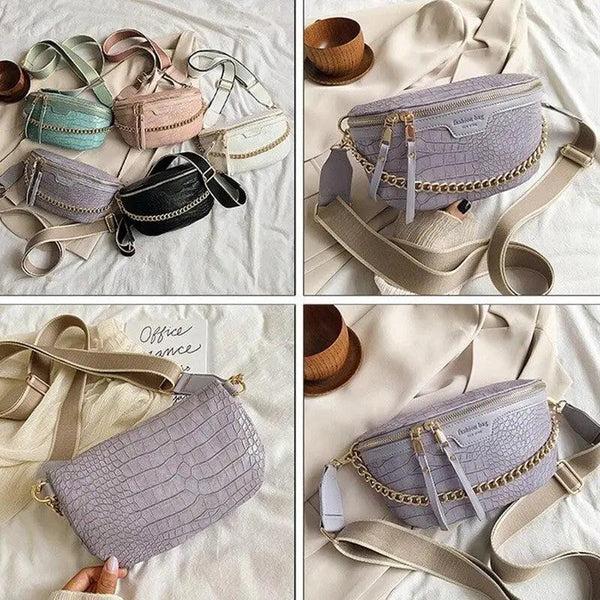 Retro Waist Bag PU Leather Fanny Pack Purse Leather with Gold Chain Strap Stylish Waist Pack Women Belt Bag Multifunctional Chest Bag