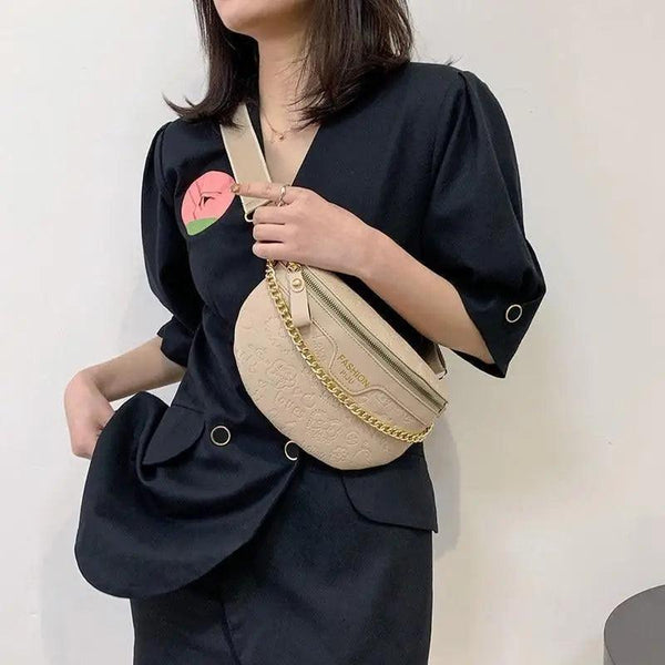 Retro Waist Bag PU Leather Fanny Pack Purse Leather with Gold Chain Strap Stylish Waist Pack Women Belt Bag Multifunctional Chest Bag