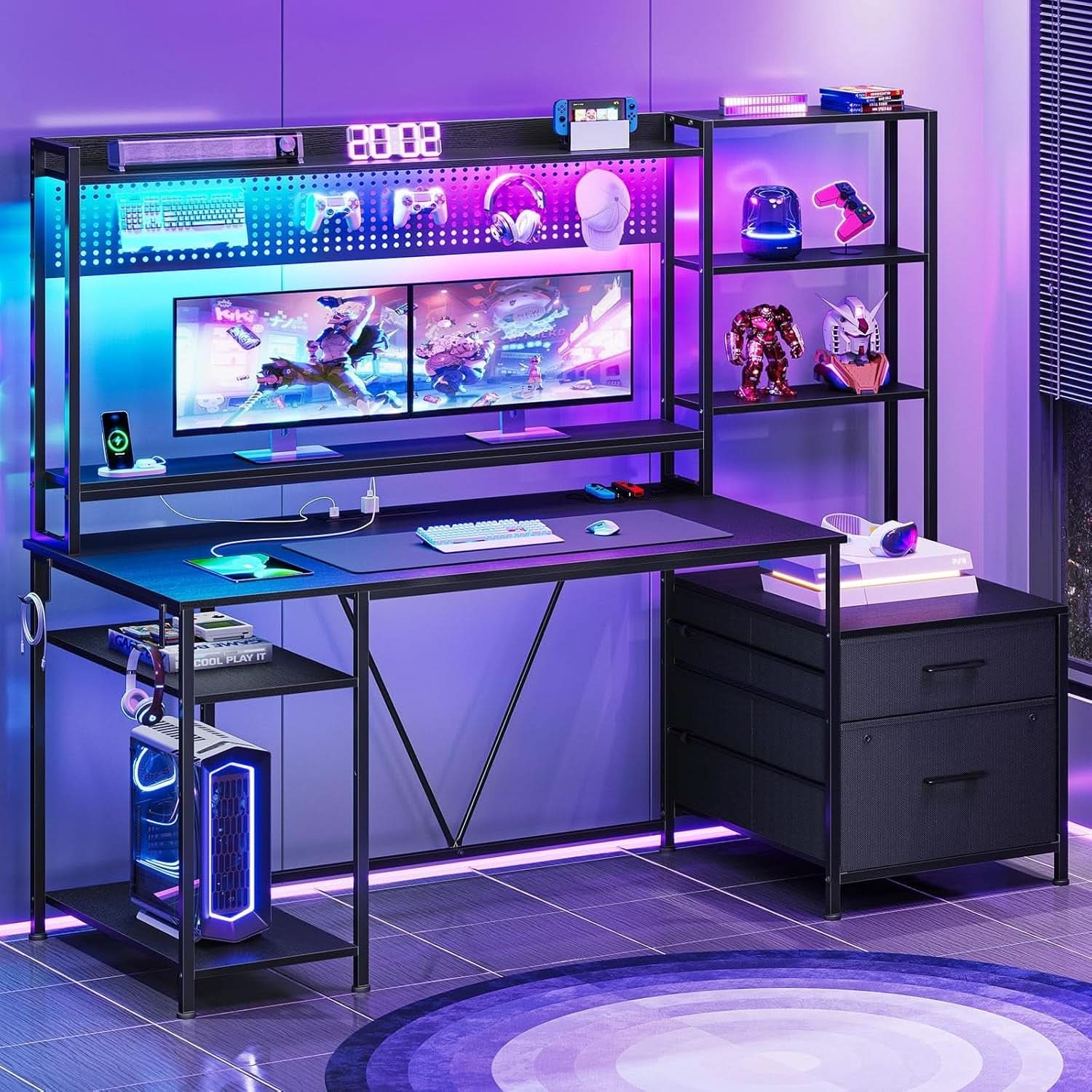 Reversible Gaming Desk with Power Outlets and LED Light