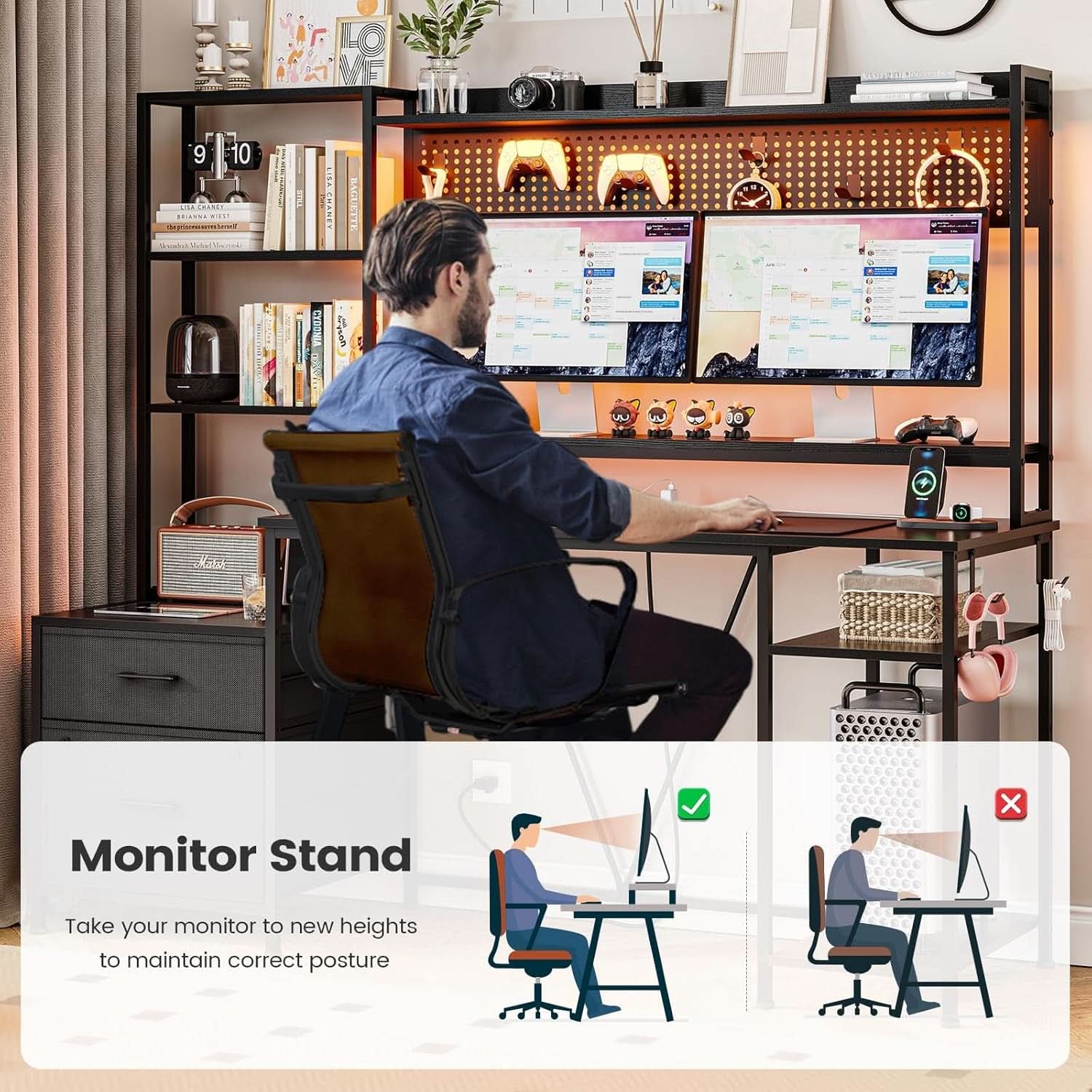 Reversible Gaming Desk with Power Outlets and LED Light
