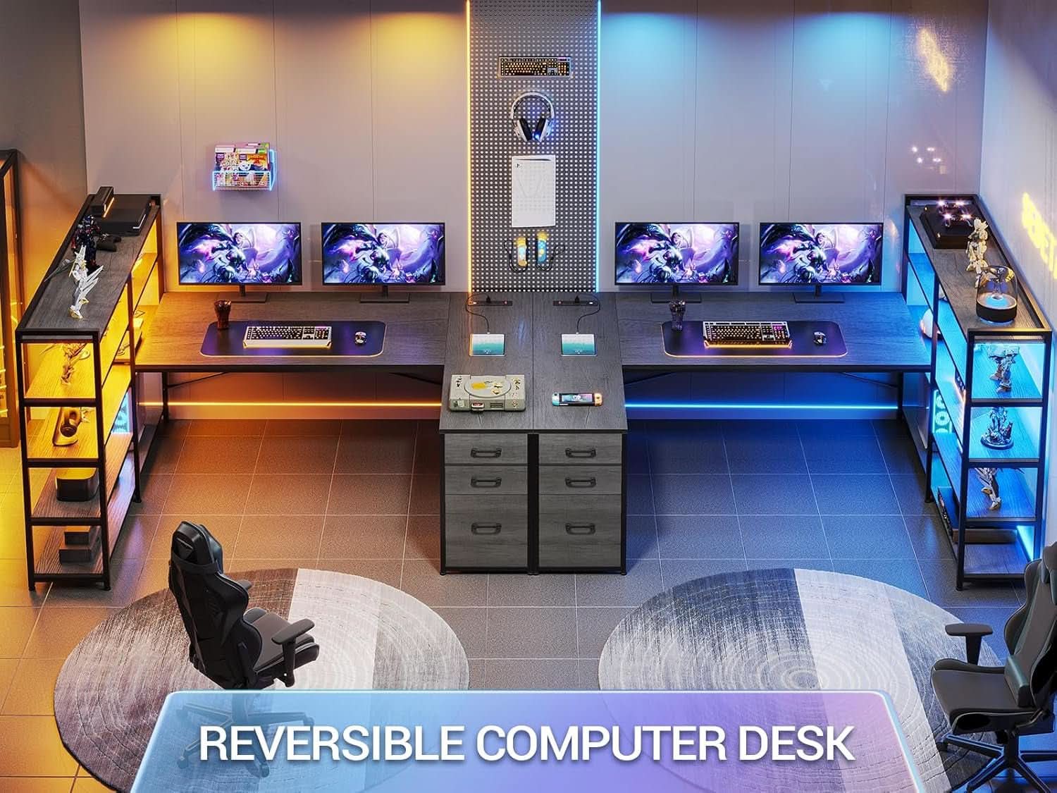 Reversible U Shaped Corner Desk With LED Lights