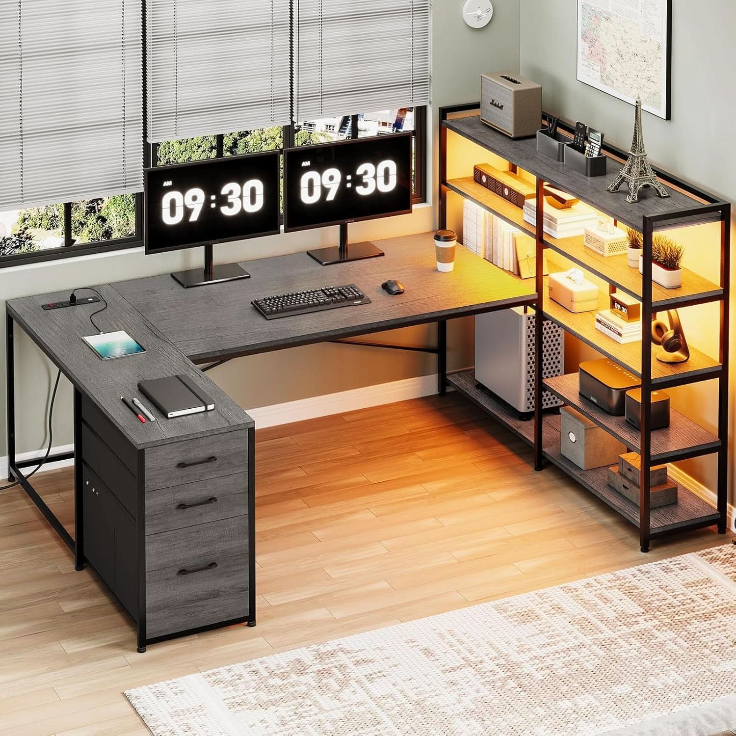 Reversible U Shaped Corner Desk With LED Lights