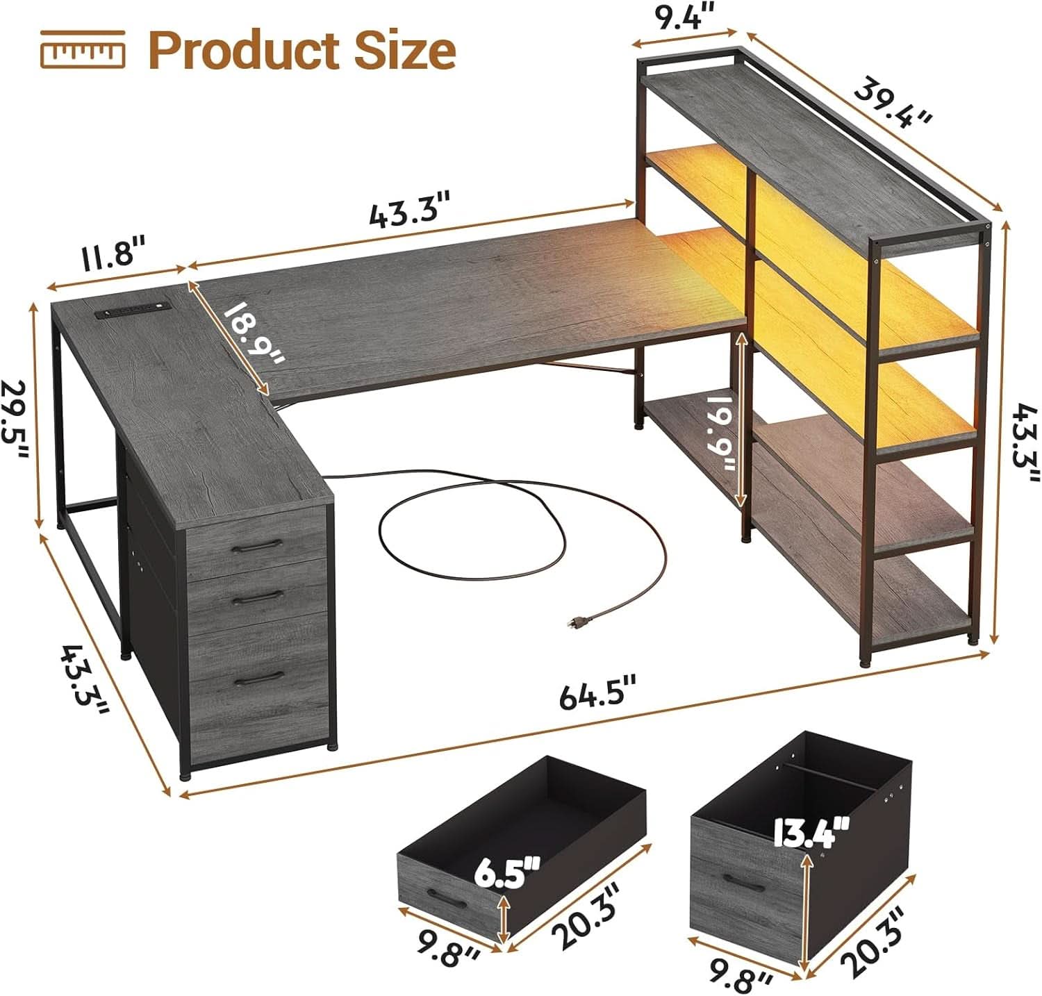 Reversible U Shaped Corner Desk With LED Lights
