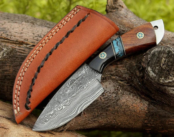 Rift Damascus Skinning Knife with Exotic Rosewood & Resin Handle - Gifts for You 'n Me