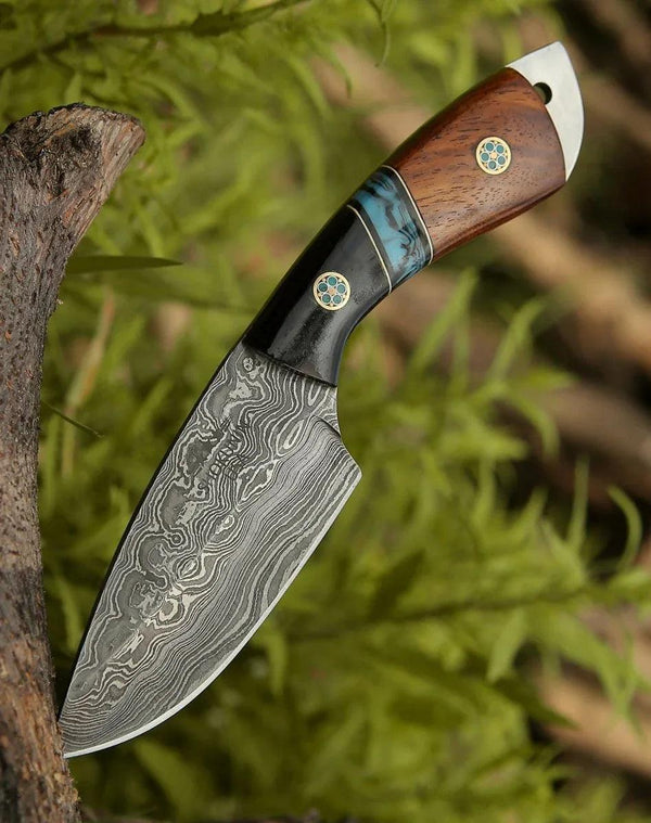 Rift Damascus Skinning Knife with Exotic Rosewood & Resin Handle - Gifts for You 'n Me