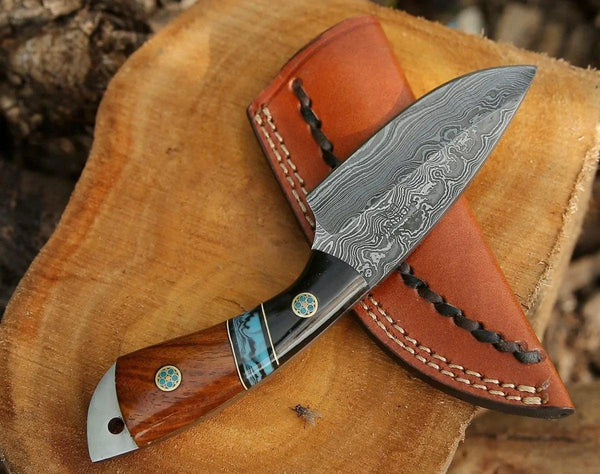 Rift Damascus Skinning Knife with Exotic Rosewood & Resin Handle - Gifts for You 'n Me