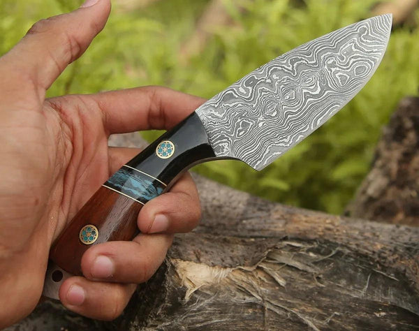 Rift Damascus Skinning Knife with Exotic Rosewood & Resin Handle - Gifts for You 'n Me