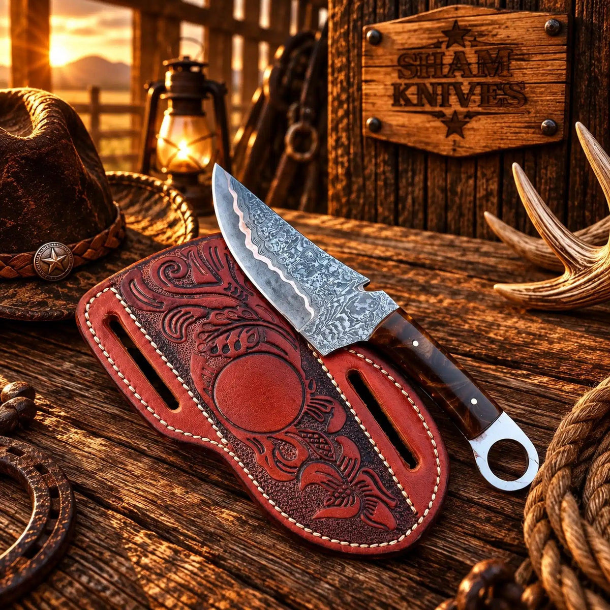 Ring-Tail Copper Damascus Skinning Knife – Resin Handle & Sheath