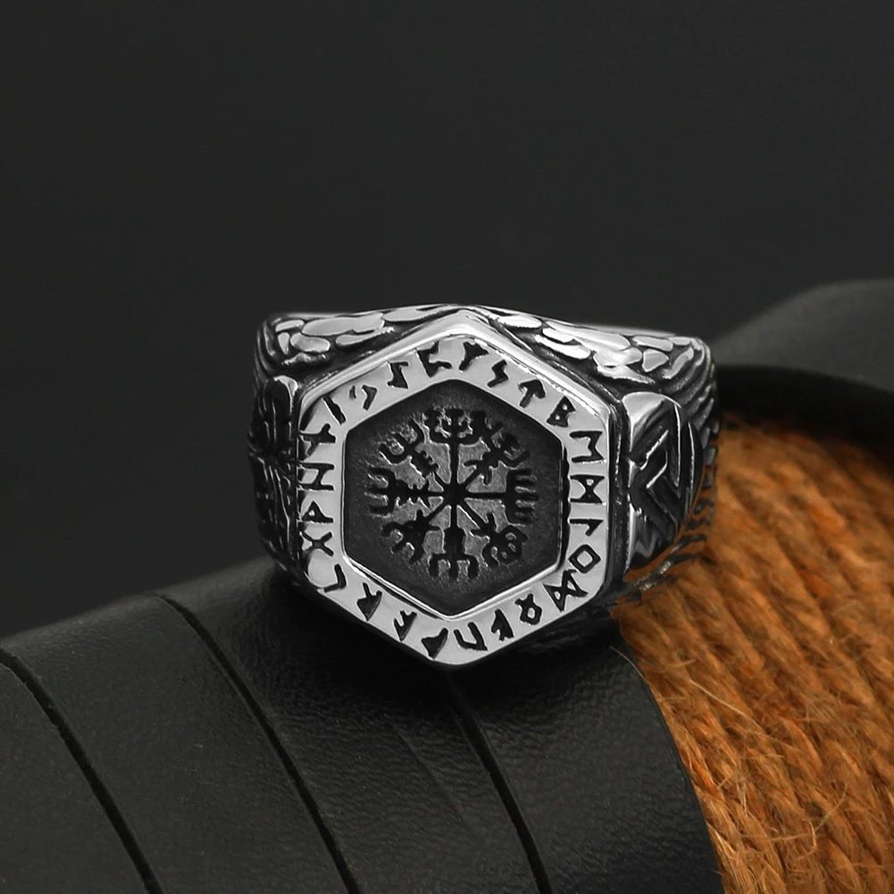 Vikings Helm of Awe and Rune Stainless Steel Ring Ancient Treasures