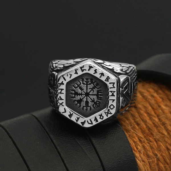 Vikings Helm of Awe and Rune Stainless Steel Ring Ancient Treasures
