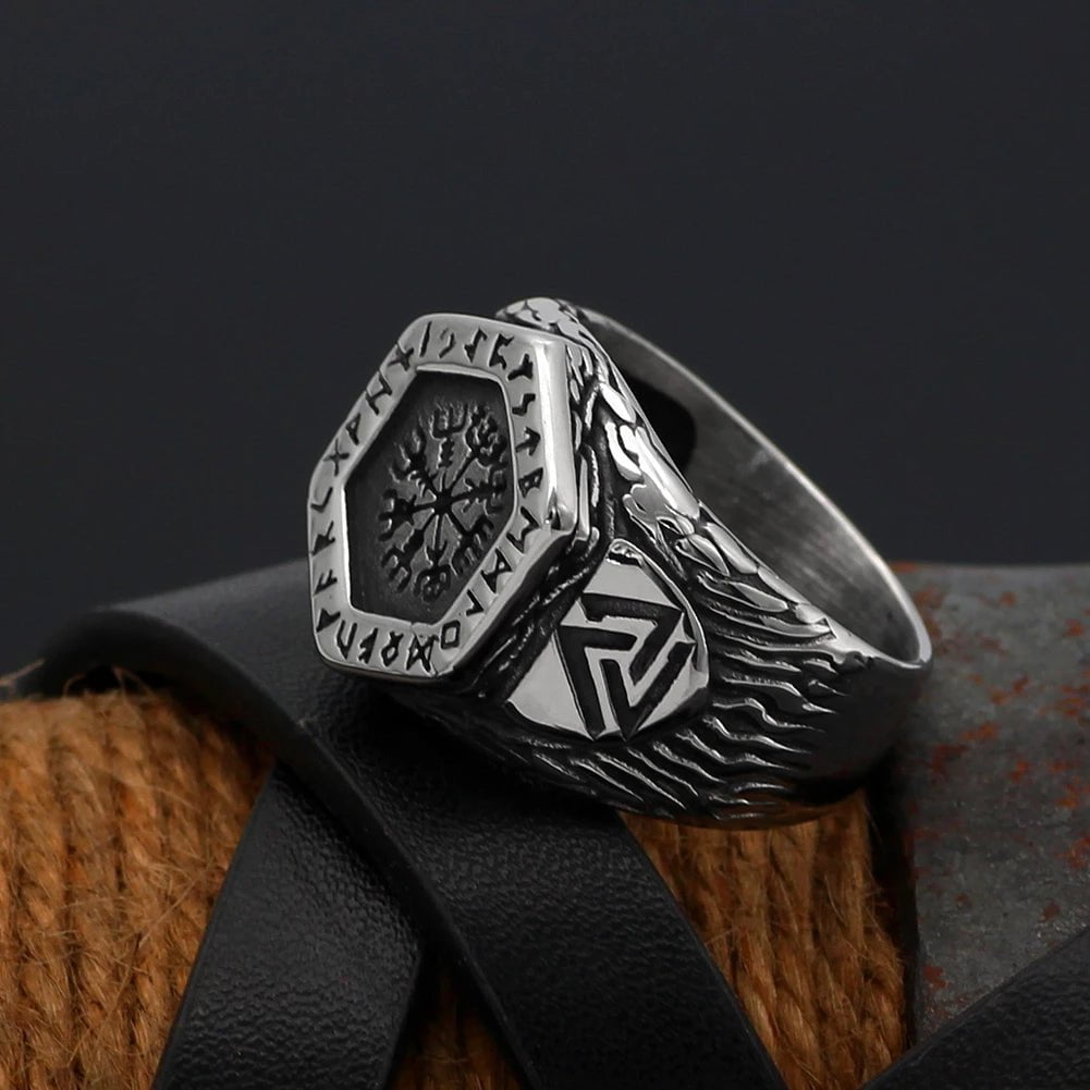 Vikings Helm of Awe and Rune Stainless Steel Ring Ancient Treasures