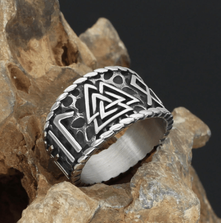 Vikings Runes and Valknut Stainless Steel Ring Ancient Treasures