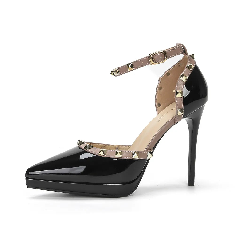 Rivet Decor Ankle Strap Stiletto Pumps