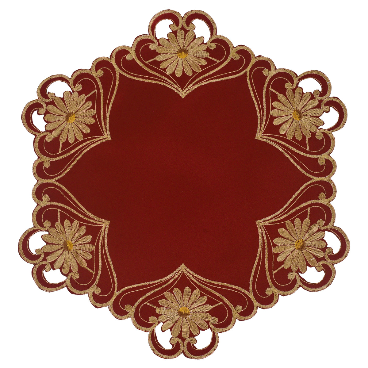 Round Placemats – Imperial Red Linen Placements with Red Lace Doilies, 15 Inch