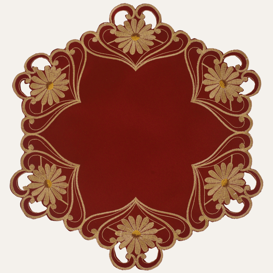 Round Placemats – Imperial Red Linen Placements with Red Lace Doilies, 15 Inch