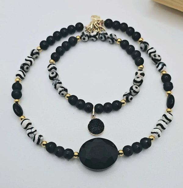 Bulls Eye Agate and Onyx Choker Necklace Set - Gifts for You 'n Me