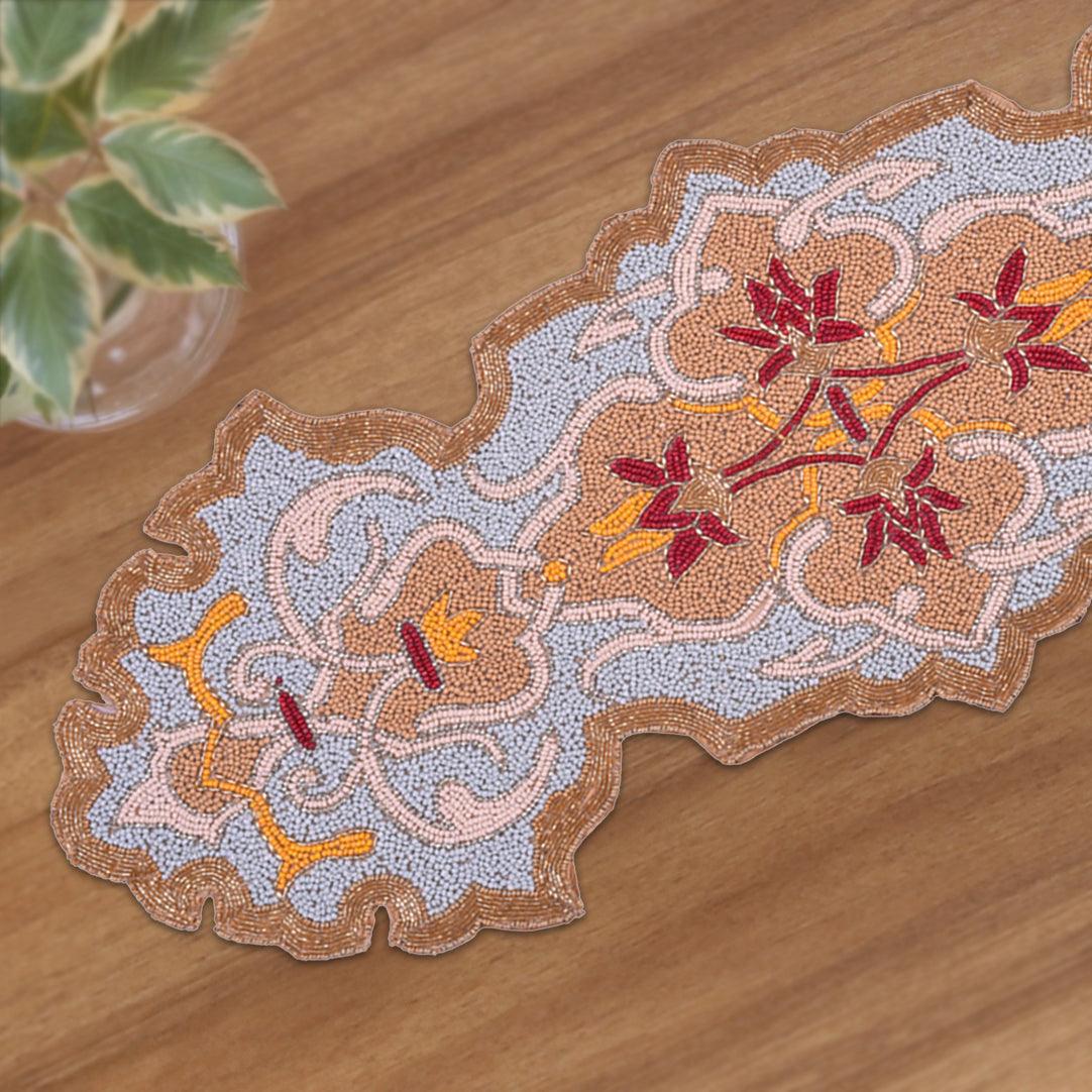 Beaded Table Runner - Embroidered Satin Fabric With Glass Bead Decor, Scratch Resistant