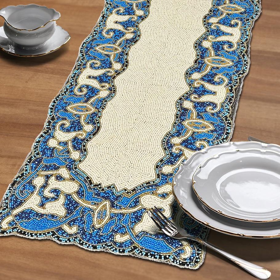 Beaded Table Runner – White Blue, 36x13 Inch