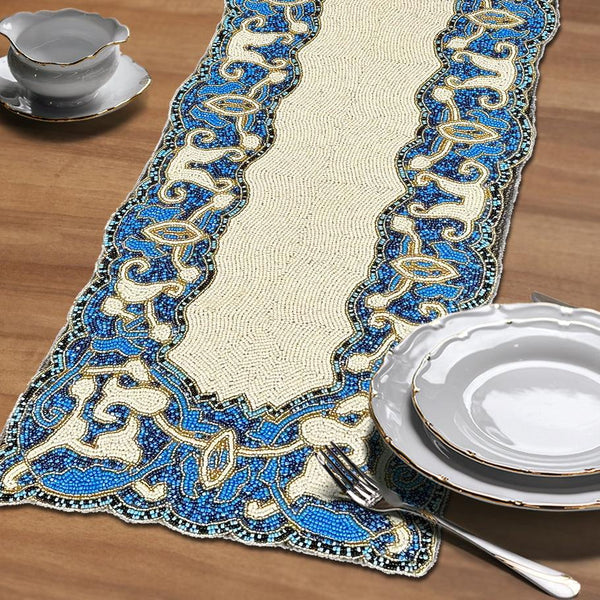 Beaded Table Runner – White Blue, 36x13 Inch