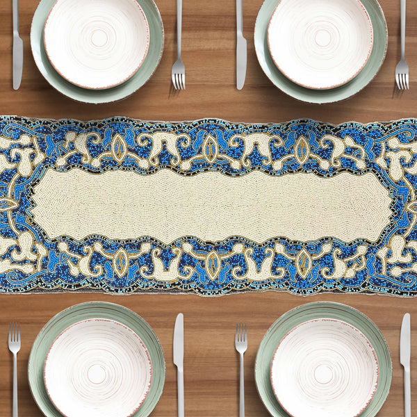 Beaded Table Runner – White Blue, 36x13 Inch