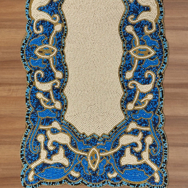 Beaded Table Runner – White Blue, 36x13 Inch