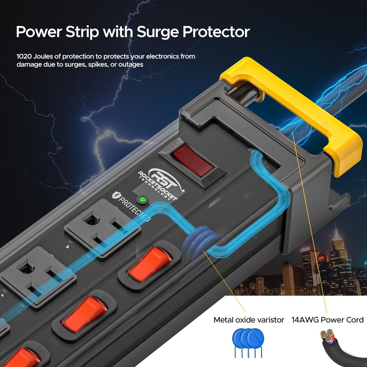 12-Outlet Heavy Duty Power Strip with Individual Switches – 1020J Surge Protector, 9FT Cord, Wall Mountable