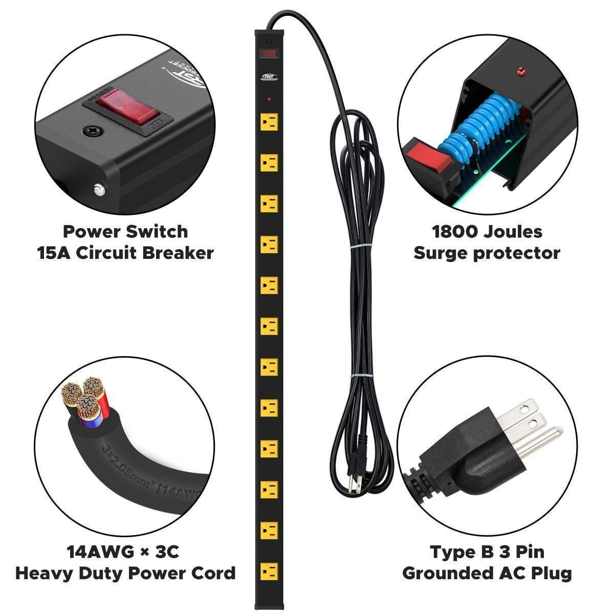 CRST 12-Outlet Metal Power Strip Surge Protector — 1800J, 2.6