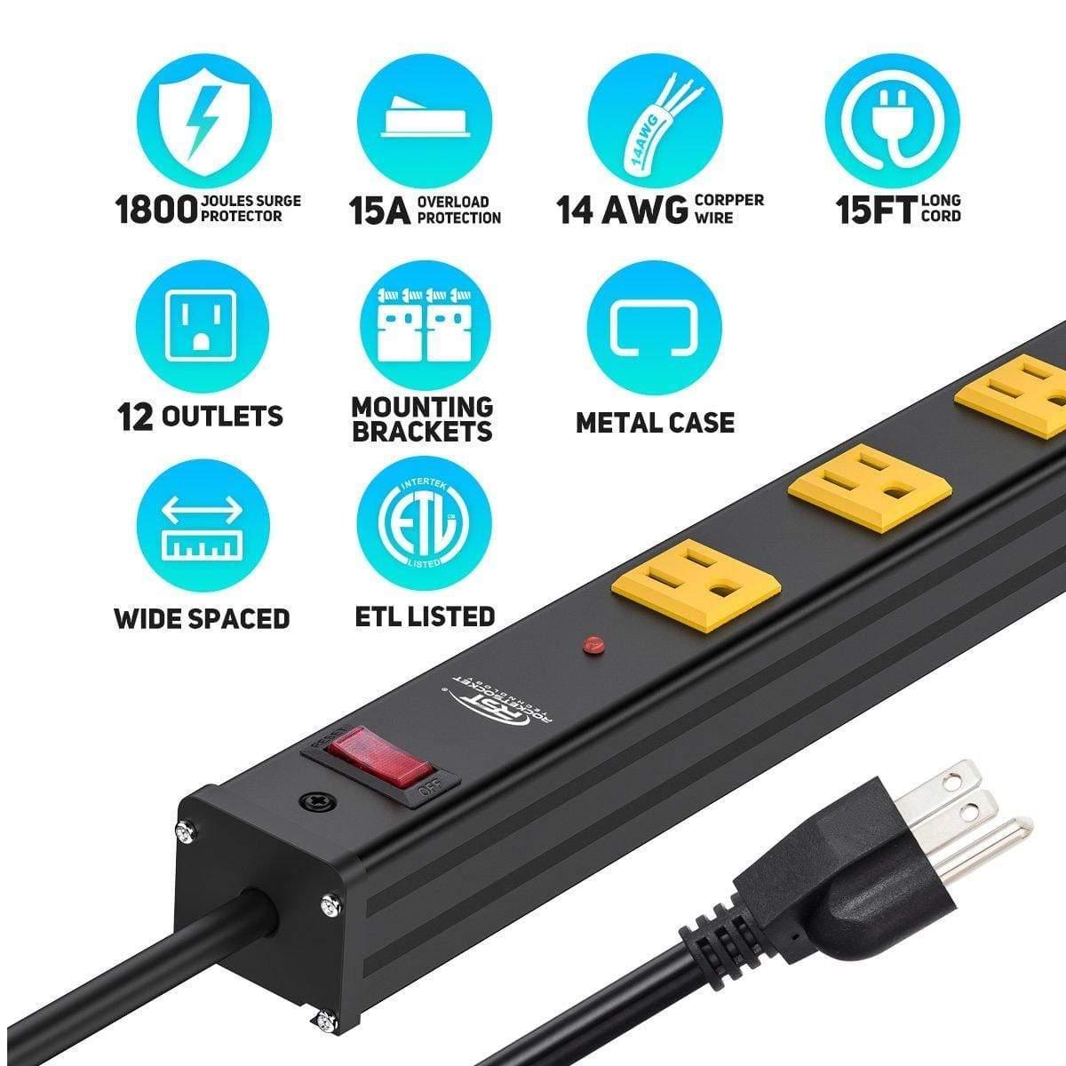 CRST 12-Outlet Metal Power Strip Surge Protector — 1800J, 2.6