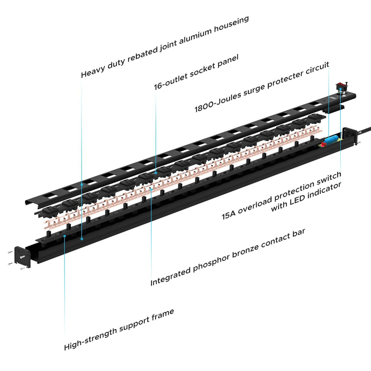 16-Outlet Metal Power Strip Surge Protector, 1800 Joules, 2.6