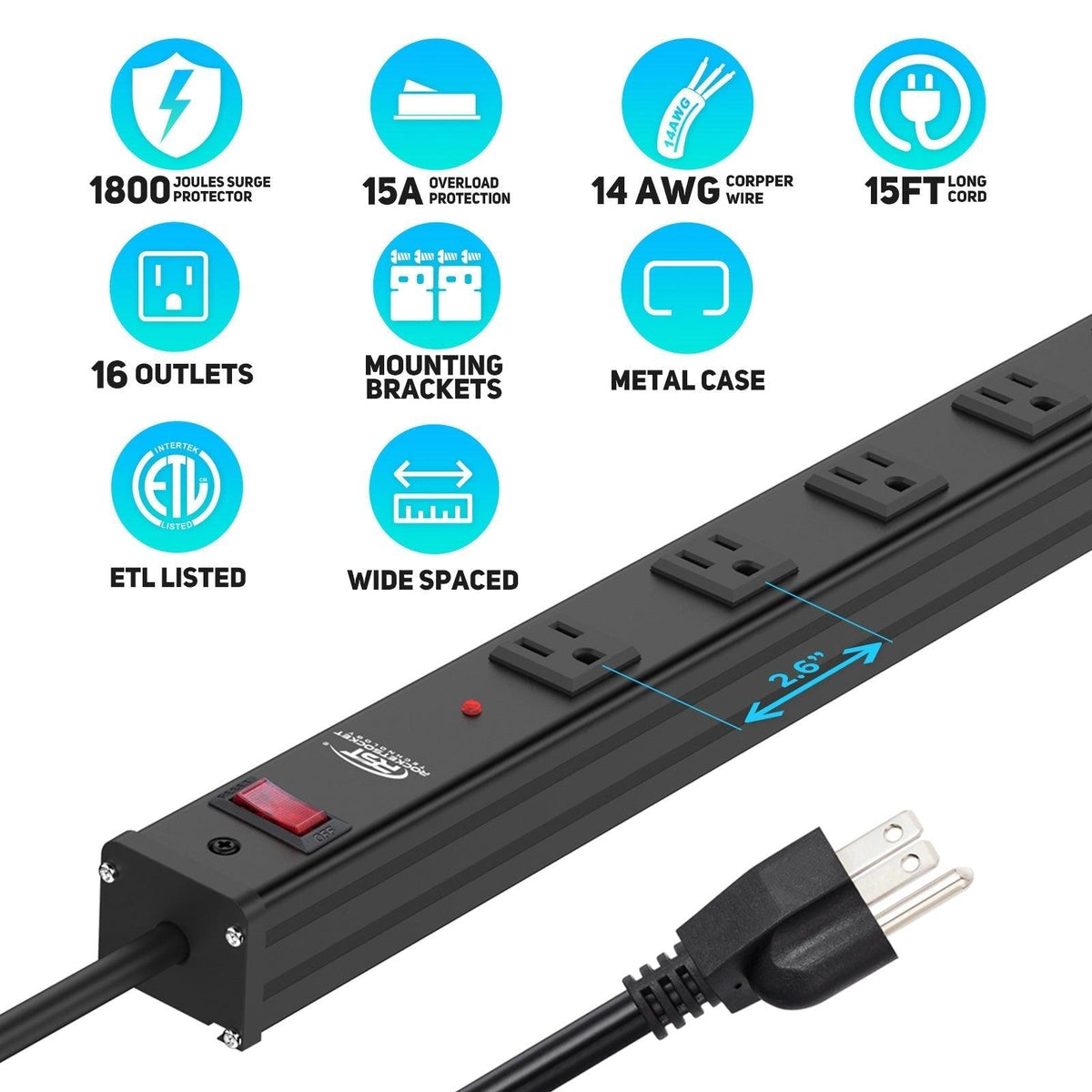 16-Outlet Metal Power Strip Surge Protector, 1800 Joules, 2.6