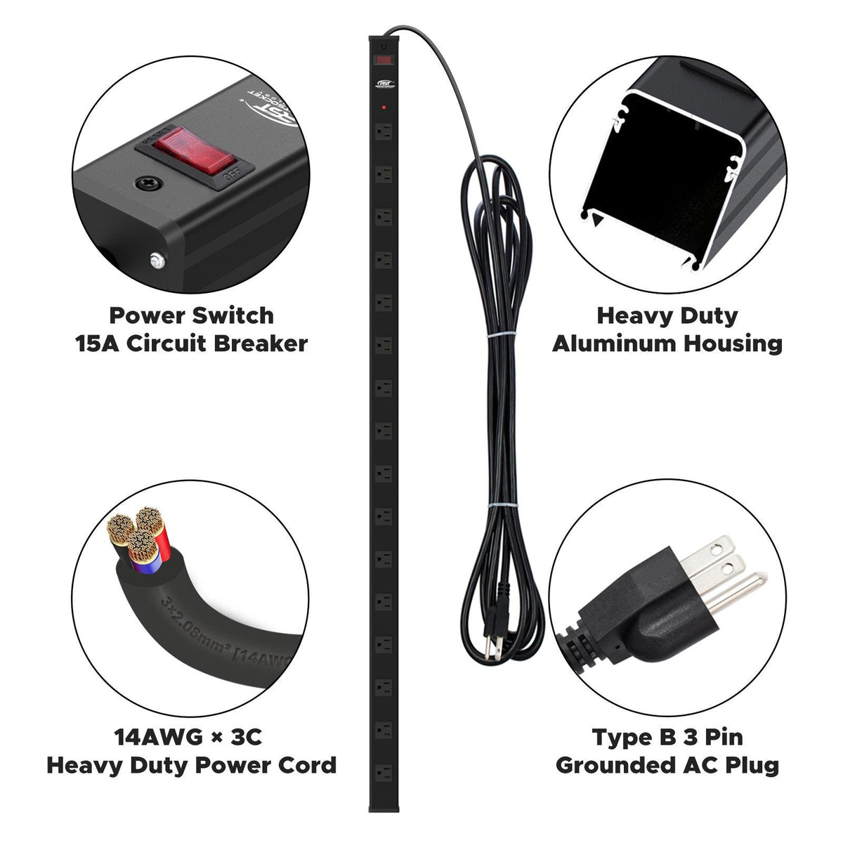 16-Outlet Metal Power Strip Surge Protector, 1800 Joules, 2.6