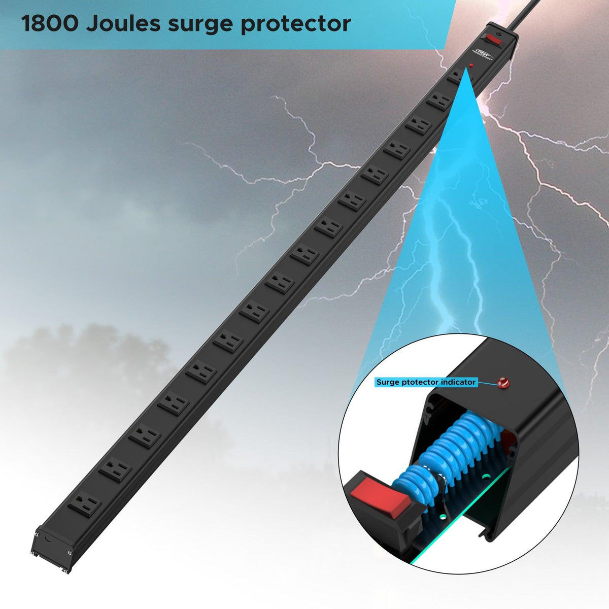 16-Outlet Metal Power Strip Surge Protector, 1800 Joules, 2.6