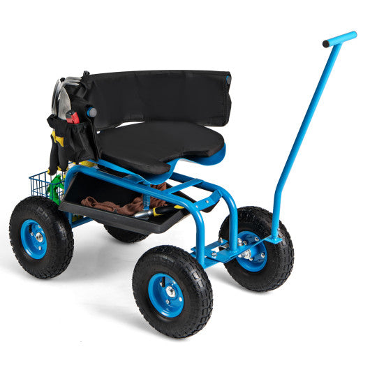 Rolling Garden Cart with Height Adjustable Swivel Seat and Storage Basket-Blue