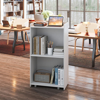 Rolling Podium Stand with 2 Shelves and Lockable Wheels-White