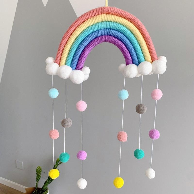 Room Decoration Handmade Woven Cotton Rope Rainbow Hanging Decoration Rainbow with Pom Pom Ball Wall Hanging Garlands for Kids Room Baby Shower Party Supplies Wall Hanging Decor With Felt Ball Photo Props