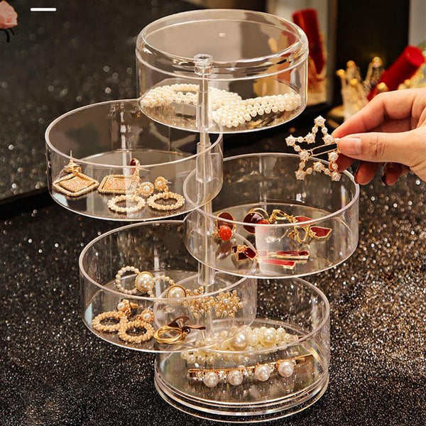Rotating Jewelry Storage Box Makeup Storage Rack Bracelet Earring Round Plastic Organizer Boxes Holder Display Rack with Cover Rotatable Jewelry Storage Box Makeup Rack Storage Bracelet Earring Round Jewelry Organizer