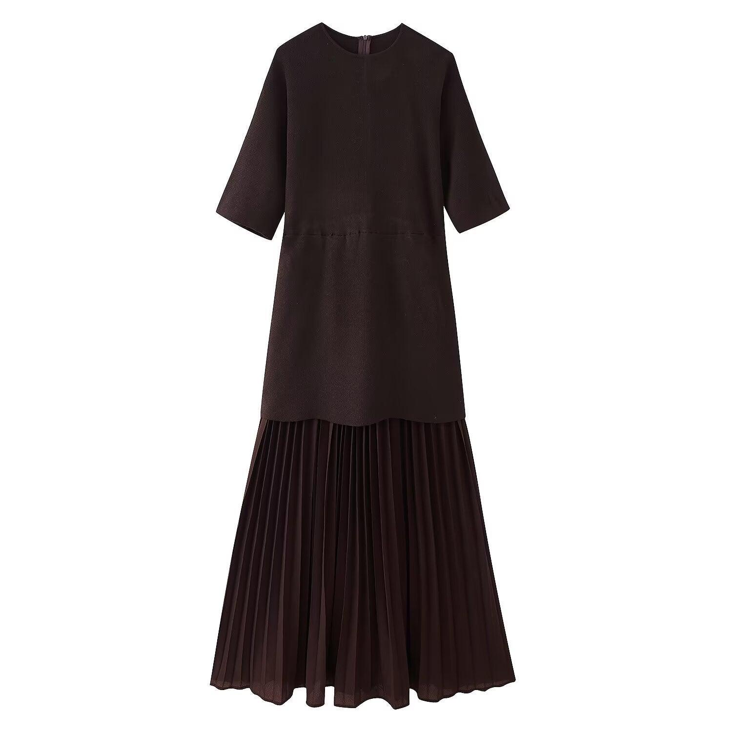Round neck short sleeved knitted patchwork pleated dress long skirt