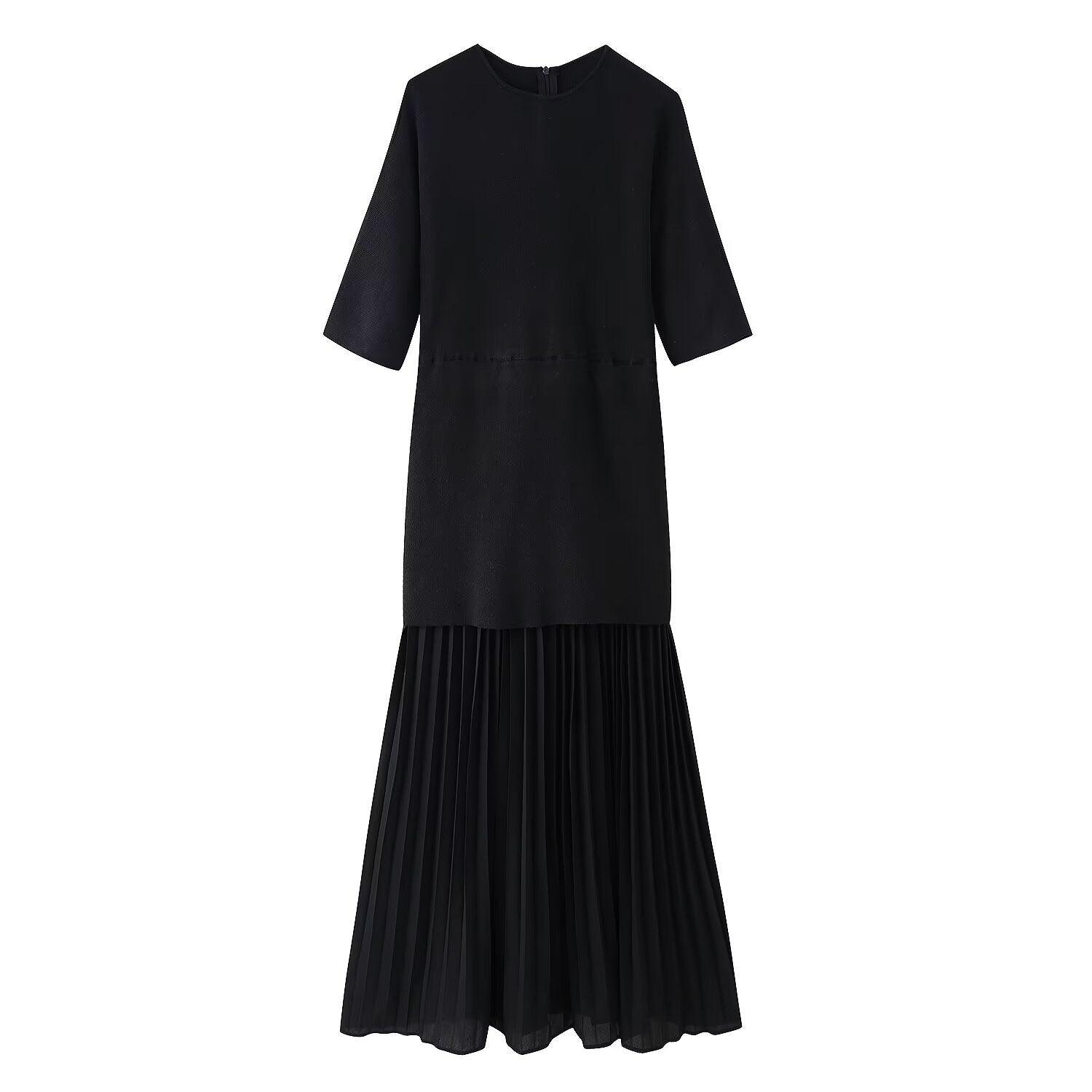 Round neck short sleeved knitted patchwork pleated dress long skirt