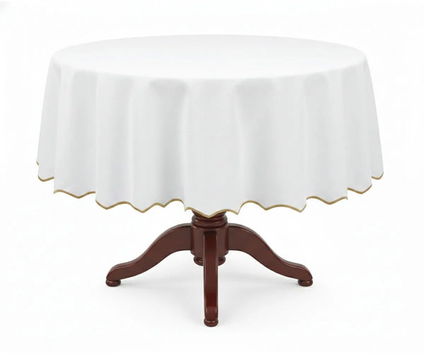 White Round Cloth Tablecloths - Scalloped Edge